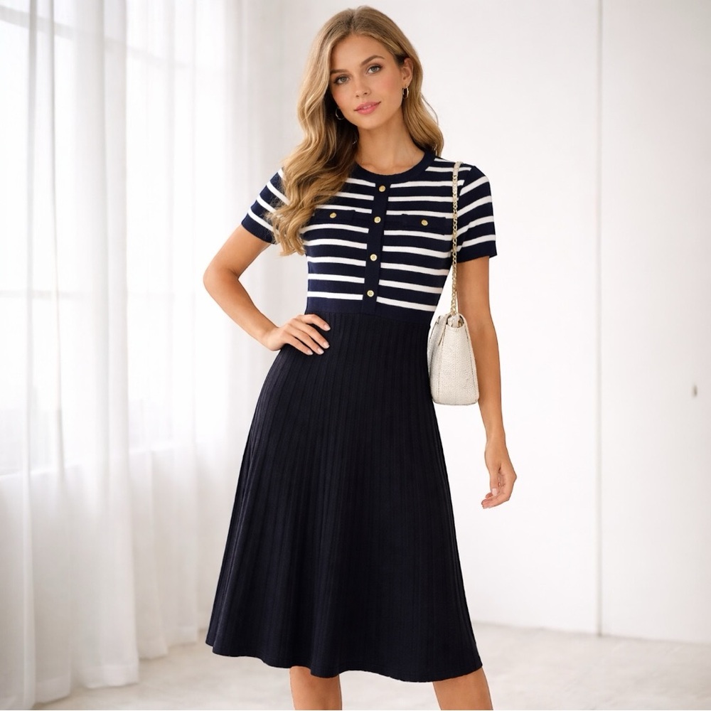 Midi Dress Classic Old Money Large Ribbed Knit Black White Gold Short Sleeves